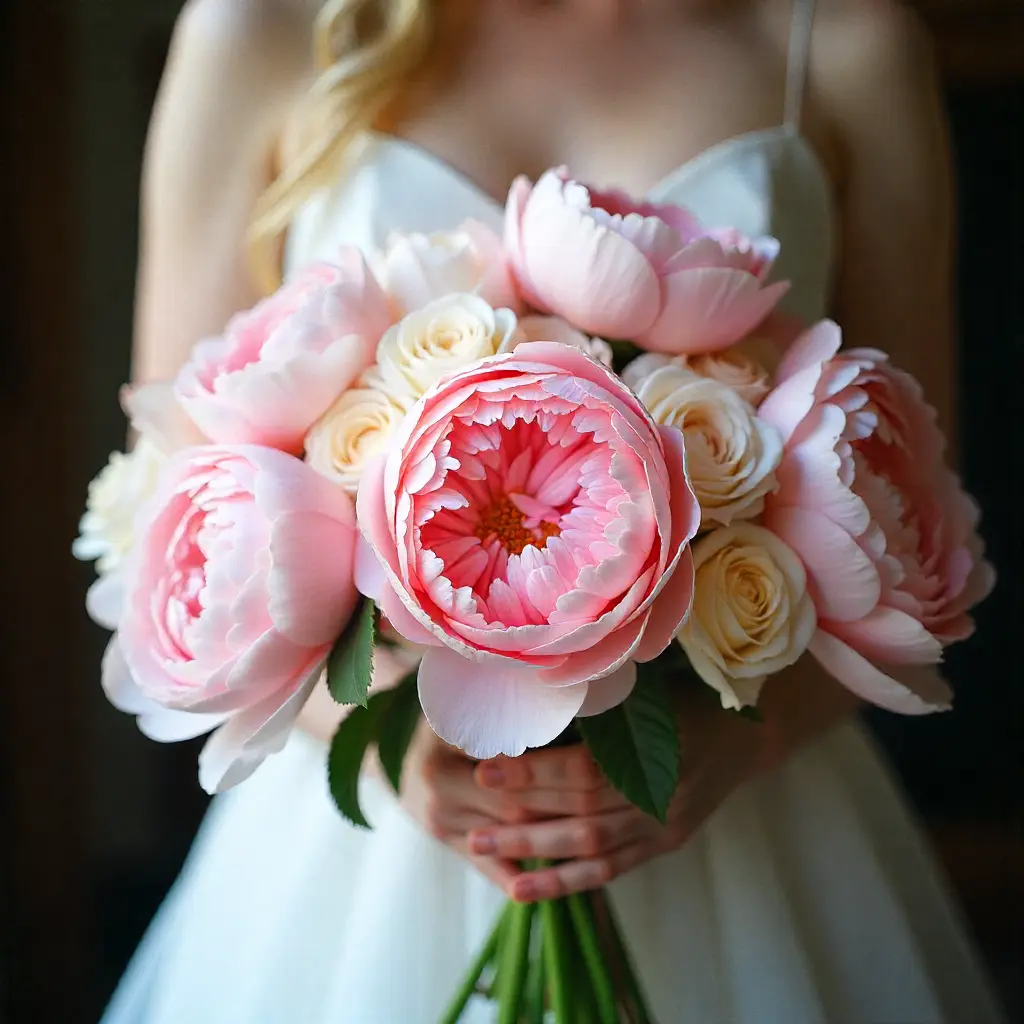 Blush Peony Romance bouquet featuring soft pink peonies and garden roses