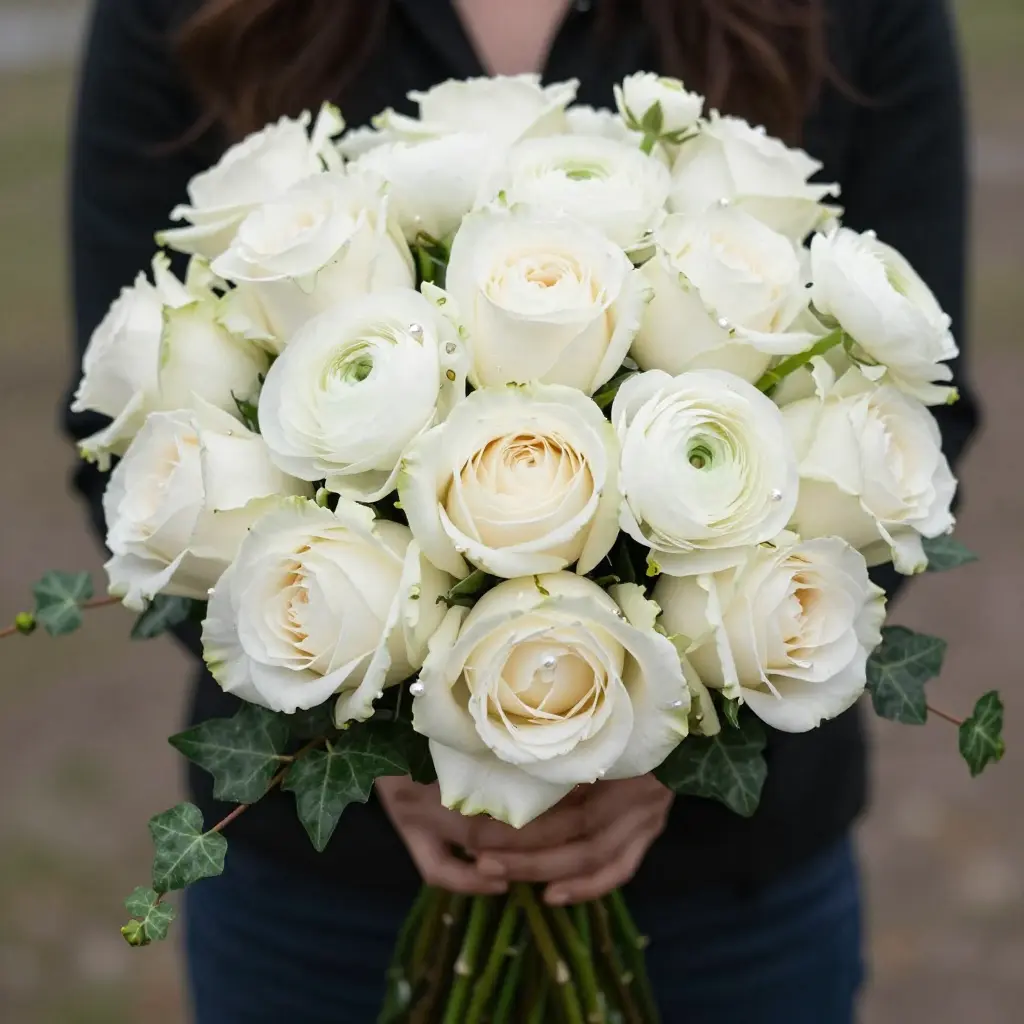 Ivory Garden Dreams bouquet with white roses and ranunculus