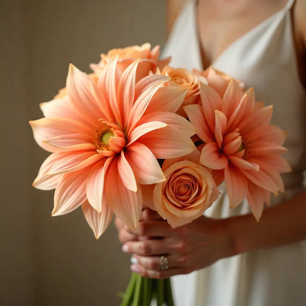 Peach Sunset Glow bouquet with peach dahlias and roses